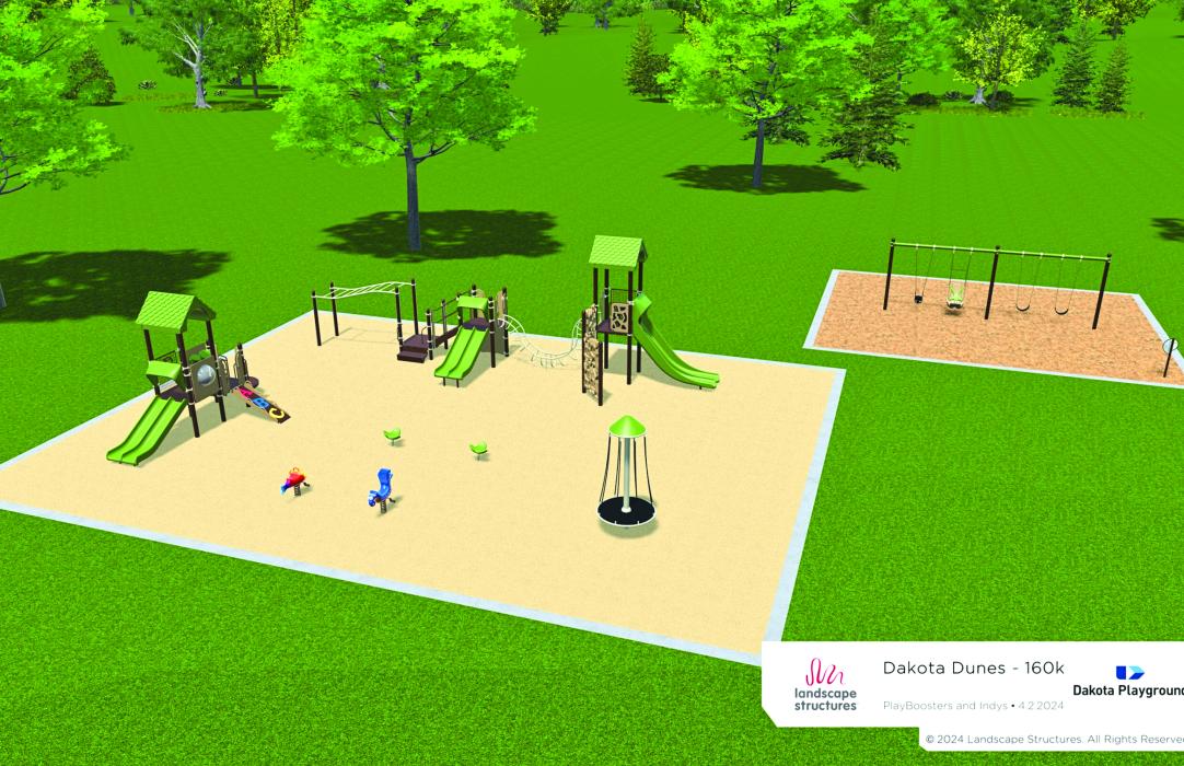 The rendering proposal for the new park equipment for Prairie Park in Dakota Dunes. The equipment will include a double slide, a double swoosh slide, ABC climber, double wave climber with handholds, a vertical ascent climber, ground-to-deck double climber, wave horizontal ladder and a bongo panel. Other equipment include a Topsy Turny Spinner, Saddle Spinner, spring riders in the shapes of a seahorse and dolphin and a swing set. Submitted rendering