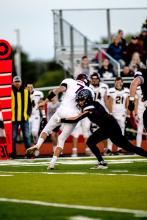 Trae Piel sacks the Madison quarterback. He also had one of Dakota Valley’s two touchdowns Sept. 23. Photo by Peterman Sports Photography stevepeterman5@gmail.com