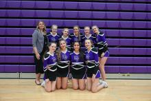 The Dakota Valley Competition Cheer team consists of, front from left, Bailey Link, Olivia Scardino, Mia Lynch and Raelee Felix; and back, coach Melanie Yakel, Sunny Byington, Chloe Smith, Claire Kilcullen, Rachel Bryan and Madison Bell. Photo courtesy of South Dakota Public Broadcasting
