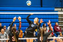 Natalie Heuertz (pictured against Dell Rapids) was a force at the net putting down 14 kills against Madison Oct. 21 Photo by Peterman Sports Photography stevepeterman5@gmail.com