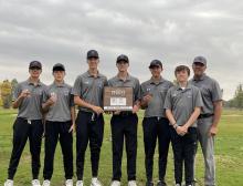 The Dakota Valley boys golf team brought home third place from the State A Golf tournament. Pictured, from left are, Tate Cornelsen, Matt deBeer, Tyler Cornelsen, Dylan Lukken, Logan Collette, Cash Slater and head coach Rodd Slater. (below) Dylan Lukken and Logan Collette medaled at state with a 14th place finish. Submitted photos