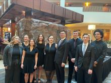 Jalen Doyle, Emily Carlson, Grace Powell, Maddy Grooms, Kari Wilmes (instructor), Peyton Machan, Preston Carlson, Aiden Keenan and Logan Reyes all attended the All-State Choir and Orchestra concert Oct. 29 in Sioux Falls. Machan was also honored as a four year member of All-State Choir. For an idea of the honor of the four year member, there were only 23 students of the approximate 1000 participants who were recognized. Submitted photo