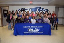 Sophia Giorgio was surrounded by her family, friends and teammates as she signed her letter of intent to play volleyball. Giorgio, a senior volleyball player at Elk Point-Jefferson signed her letter of intent with Avila College in Kansas City, MO to play volleyball Nov. 2. Submitted photo