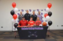 Issac Bruns signed his letter of intent to play basketball at USD. Pictured are, front from left, Paul Bruns (dad), Isaac Bruns and Jamie Bruns (mom); and back, Trae Bergh, DV Head Bball Coach Jason Kleis, Brian Uhl, Nathan Connelly. Photo by Kelly Riibe • times2reporter@gmail.com