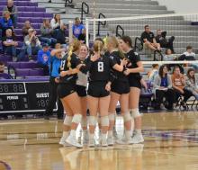 The Dakota Valley Panthers celebrate after gaining a point against Tea Area. Photo by Kelly Riibe • times2reporter@gmail.com