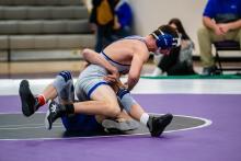 Hayes Johnson grapples against Connor Siemonma of West Central in the 138lb bracket at Dakota Valley’s Invitational Jan. 10. Photo by Peterman Sports Photography stevepeterman5@gmail.com