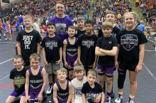 Dakota Valley’s youth region wrestlers were, front from left, James Greenwood, Fischer Pope, Leif Dewald, Konnor Rasmussen and Leo Riibe; middle, Kyson Crippen, Jett Keokenchanh, Graham Riibe, Darian Feese, Zane Ensz and Kenzie Scott; and back, Coach Nic Madsen, Kamden Ellison and Landon Adams. Submitted photo