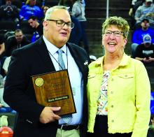 Barb Haberling was presented with the SDHSAA Distinguished Service Award during the State A Boys Basketball tournament. Photo courtesy of South Dakota Public Broadcasting