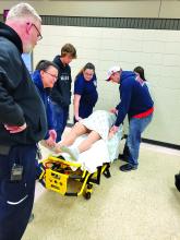 One of the trainings conducted were a simulation of child birth. Pictured, from left, Tim Bell, Lead Paramedic Jackie Burke, Carter Jelken, Kendra Schamber, Jadyn Chartier and Viktor Sundlief. Submitted photo