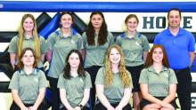 The 2023 Elk Point-Jefferson Girls Golf team consists of, front from left, Nicole Wells, River Rush, Hayden McInis and Ella Hayes; and back, Aubrey Bousquet, Madison Buenger, Ava Peters, Avery Norris and Coach Kelly Haberling. Laila Peters is not pictured. Photo by Peterman Sports Photography • stevepeterman5@gmail.com