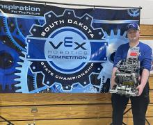 Caden Dial competed Feb. 4 at the South Dakota Vex Robotics State Championship in Box Elder, SD. Dial’s RoboKodas 77000X went undefeated, later aligning with Harrisburg’s Capten to capture the SD State VEX Robotics title. Dial ends his high school robotics career holding nine state titles.The RoboKodas will be travelling to Dallas,TX in April to compete at the VEX Worlds Competition. Dial is a senior at Dakota Valley and member of the North Sioux City RoboKodas Robotics Club. Submitted photo