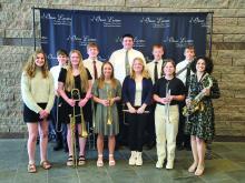 The Elk Point-Jefferson Jazz Band had an outstanding performance April 13 to bring home first place from the Brookings Optimist Jazz Festival. Pictured are band members, front from left, Avery Norris, Aubrey Bousquet, Sophia Giorgio, Nicole Wells, Natalie Wells and Izzy Curry; and back, Jacob Peirce, Ethan Brown, Patrick Kastning, Joe Cross and Mason Marx. Andrew Beermann and Austin Clercx are not pictured.