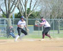 Avry Trotter rounds third and realizes the ball is being thrown toward her and maneuvers her way safely back to third base. Photo by Kelly Riibe • times2reporter@gmail.com