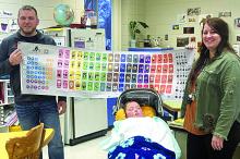 Dustin Rhoades, owner of Ability Tech and his son, Kayden, presented EPJ 6th-12th Grade Special Education teacher Cassandra Schmith with a communication board poster for her classroom. Submitted photo