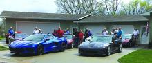 Members of the Corvette Enthusiasts ready to head out on “The Becky Run” were, from left, Doug and Jane Nestor, John and Barb Kolander; Jeff and Christina Watkins, Brad and Marleen Brown, John and Cindy Miles, Tom and Deb Matthys, Steve and Connie Hamsa, Ron and Brenda Beenken and Wes and Dan Jolin. Submitted photo