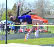 Emersen Mead placed 2nd with a jump of 5’ at the Rich Luther Relays in Lennox. Photo by Kelly Riibe • times2reporter@gmail.com