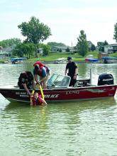 The North Sioux City Fire and Police Departments held joint water rescue training exercises on McCook Lake June 10.  Submitted photos