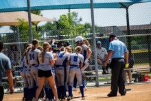 The Huskies celebrate as Josie Curry jumps on home plate after her first of two home runs against Beresford June 2. Photo by Peterman Sports Photography • stevepeterman5@gmail.com