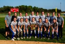 The 2023 Elk Point-Jefferson Husky Softball team consists of, from front left, Regan Rasmussen, Hannah Nearman, Alyssa Chytka, Grace Schuh, Sophia Giorgio, Jezmarie Stultz Praster and Samantha Marx; and back, assistant coach Josh Nearman, Kylee Pierce, Molly Geary, Cera Schmitz, Grace Griffin, Danica Torrez, Josie Curry, Nicole Wells, Aynslee Goetzinger and head coach Jessie Stouffer. Photos by Peterman Sports Photography • stevepeterman5@gmail.com.