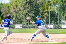 Jordan Anderson gets the out at first base against Flandreau. Photo by Peterman Sports Photography • stevepeterman5@gmail.com
