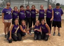 USA Softball of South Dakota hosted Class B and Class C state tournaments in Sioux Falls on July 14-16.The Dakota Valley 10U team,coached by Josh Wisner and Jessica Redstone,took 3rd place in Class C. Pictured are, from front left, Avery Behrens, Allison Barnett, Jordan Wisner and Gia Delperdang; and back, Jessica Redstone, Lilly Rager, Nora Agrimson, Claire Kramper, Emerson Dembowski, Brielle Redstone, Emma Markve and Josh Wisner.