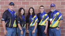 Muzzle Loader team members, were from left, Clayton Barrett – Union County, Josie Nold – Brookings County, Mya Heinje – Roberts County, Elijah Kari – Butte County and Larry Lee – Lake County – Coach. Submitted photo