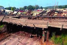 A D&I Railroad train derailed in North Sioux City Wednesday, Aug. 30. While 16 cars derailed, the only damage was made to the railroad bridge. An inspection will be done to the bridge to determine whether the entire bridge needs to be replaced or just the deck. Submitted photo