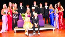The Dakota Valley 2023 Homecoming Court consisted of, standing from left, Ella Schmiedt, Sophie Tuttle, Michael Daniels, Silja Gunderson, Trae Piel, Charlie Margeas, Jaxon Wingert, Brendan Barnett, Drew Lukken, Avry Trotter, Payton O’Neill and Emersen Mead; Sitting back row from left, Queen Grace Meyer and King Emanuel Kual; and Sitting front row from left Scarlett Davenport and Aiden Chochon. Photo by Kelly Riibe • times2reporter@gmail.com