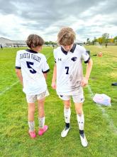 The game against James Valley was a wet and muddy one as seen here on Evan Christensen and Adyn Koenck’s jerseys. Submitted photo