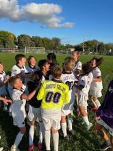 The Panthers celebrate the team’s first ever victory for the DV boys soccer program after taking down Groton 3-1 on Monday, Sept. 25. Submitted photo