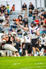 Drew Lukken completed 4 passes for 53 yards for 2 touchdowns against Lakota Tech. He’s pictured here throwing against Lennox. Photo by Peterman Sports Photography • stevepeterman5@gmail.com
