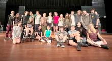 Some of the cast of “Puffs” took a group picture during a rehearsal. Pictured are, front from left, Bailey Link, Karlee Hughes, Mia Riibe, Grace Powell, Mitchell Oberg, Ian Greene, Yeva Popova and Brynn Olsen; and back, Sage Agrimson, KodaJaydence Mote, Lewis Pick, Aiden Keenan, Owen Oberg, Aurora Happe, Madison Grooms, Drew Ferrell, Madeline Miller, Madison Glover, Andrew Ferdig, Kaleb Haiar, Bailey Hermes and Addysen Kellen. Submitted photo