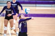 Jacee Squier pushes the ball over the net against Dell Rapids Oct. 2. She garnered 9 assists during the game. Photo by Peterman Sports Photography stevepeterman5@gmail.com