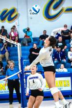 Cameryn Sommervold had 1 kill and 1 block against SFC. She is pictured going up for a spike against the C-Hawks. Photo by Peterman Sports Photography stevepeterman5@gmail.com