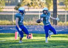 Carson Timmins celebrates a touchdown with teammate Ashton Fairbanks on Oct. 19 against Groton Area. Photos by Peterman Sports Photography • stevepeterman5@gmail.com