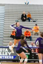 Claire Munch goes up for a kill against Lennox Oct. 10. During the contest Munch recorded her 500th kill in her high school career. Photo by Peterman Sports Photography • stevepeterman5@gmail.com