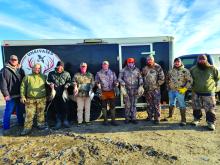 Unrivaled Tradition Outdoors led a waterfowl hunt for three local veterans Oct. 27-29. Pictured are, from left, Jarred Peterson, Josh Rupp, Jason Muhlbauer, Mike Otkin, Jake Otkin, Dustin Wagner, Tory Norby, Andrew Teply and Brad Irwin. Photo courtesy of Unrivaled Tradition Outdoors