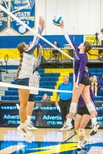 Emersen Mead shows a soft touch as she puts the ball over the net. She had 5 kills Oct. 23 against Tea Area.
