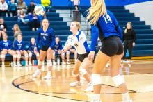  Hannah Nearman passes the ball Oct. 24 as Cera Schmitz and Bentlee Kollbaum look on. Photo by Peterman Sports Photography • stevepeterman5@gmail.com
