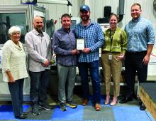 The North Sioux City Economic Development Corporation’s (NSCEDC) November Business of the Month award was presented to Blankenship Paint &amp; Glass. Pictured, from left, are NSCEDC Directors Kathy Gunderson, John Stevens and Jamie Wankum, Owner Mike Blankenship, NSCEDC Director Megan Moore and NSCEDC Executive Director Andrew Nilges. Submitted photo