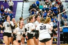 The Dakota Valley team celebrates after coming back and winning the game against Elk Point-Jefferson 3-2 on Nov. 2. Photo by Peterman Sports Photography • stevepeterman5@gmail.com
