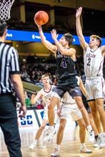 Luke Bruns flies to the basket to score points against Western Christian Dec. 16. Against Lakota Tech on Dec. 22, Bruns scored 32 points. Photo by Peterman Sports Photography stevepeterman5@gmail.com