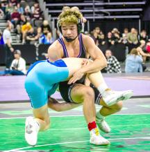 Jackson Boonstra (144) brought home a 3rd place finish from the State Wrestling Meet Feb. 22-24. He’s pictured here wrestling Jacob Williams of Rapid City Stevens who went on to get 1st place. Photo by Peterman Sports Photography • stevepeterman5@gmail.com