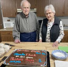 Charles “Chuck” Sundstrom and his wife, Pat, were recognized at the last Alcester American Legion Post 86 meeting April 8. Chuck has been a member of the American Legion for 72 years and Pat for her years with the Auxiliary. Chuck is a Korean War veteran and served as Navy First Class Hospital Corpsman in 1951-55. The cake says “American Legion Post 86 Thanks “Chuck” for 70+ years “Anchors Away”. Submitted photo