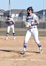 Sophomore Annie Bourne was a relief pitcher in the DV versus Tea softball game on April 12th. Brennan Trotter is at shortstop behind her. Photo by Kelly Riibe • times2reporter@gmail.com