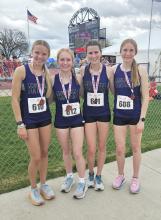 The DV girls track team for the 4x800m relay took 7th place at Howard Wood in Sioux Falls on Saturday, May 4. Pictured left to right are Ella Otten, Maylee Rose, Sophie Redler and Alex McCullough. Photo submitted