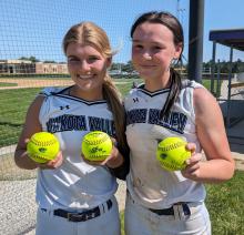 There were three homeruns by the Panthers on Saturday, May 18. Brennan Trotter (left) hit two of them and Madie Munch (right) put one over the fence. Photo by Kelly Riibe • times2reporter@gmail.com