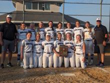 The Panther softball team posed after their SoDak 16 victory, on May 22nd, with their state qualifier plaque. Back row from left Assistant Coach Jason Anderson, Emma Barnett, Ellison Rose, Lexi Stusse, Madie Munch, Annie Bourne, Payton Konopasek, Chaley Preston, Brennan Trotter, and Head Coach T.C. Weinandt. Front Row from left Mia Riibe, Bria Perryman, Ella Schmiedt, Avry Trotter, Ashlynn Stusse, and Addison Dickson. Submitted photo