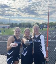On May 7 at the DAK-XII conference meet Grace Peed, left threw the discus 119-01 to garner first place, Molli Harkin, middle placed first in shot put with a throw of 35-07, and Bentlee Kollbaum, won in the javelin contest. She recorded a throw of 123-02. Submitted photo