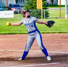 Regan Rasmussen on the mound against Viborg-Hurley May 16. Photo by Peterman Sports Photography • stevepeterman5@gmail.com